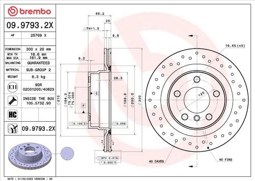 BREMBO Bremsscheibe hinten rechts links Gelocht/innenbel. 300mm für BMW 34216792227 09.9793.2X