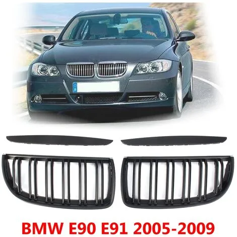 Paar Grills mit doppelten Nierenlamellen Mattschwarz für BMW E90 E91 2005-2008