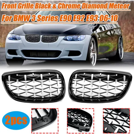 2 STÜCKE Schwarz und Chrom Diamant Meteor Kühlergrill für BMW 3er E90 E92 E93