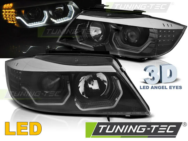 3D Led Angel Eyes Scheinwerfer Set schwarz für BMW 3er E90 E91 BJ 05 - 08 Neu!