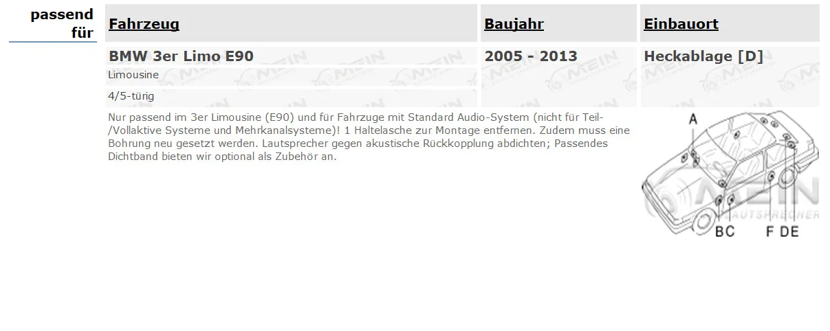 SINUSTEC LAUTSPRECHER für BMW 3ER Limo E90 2005-2013 Heckablage Hinten 100 #A5DY