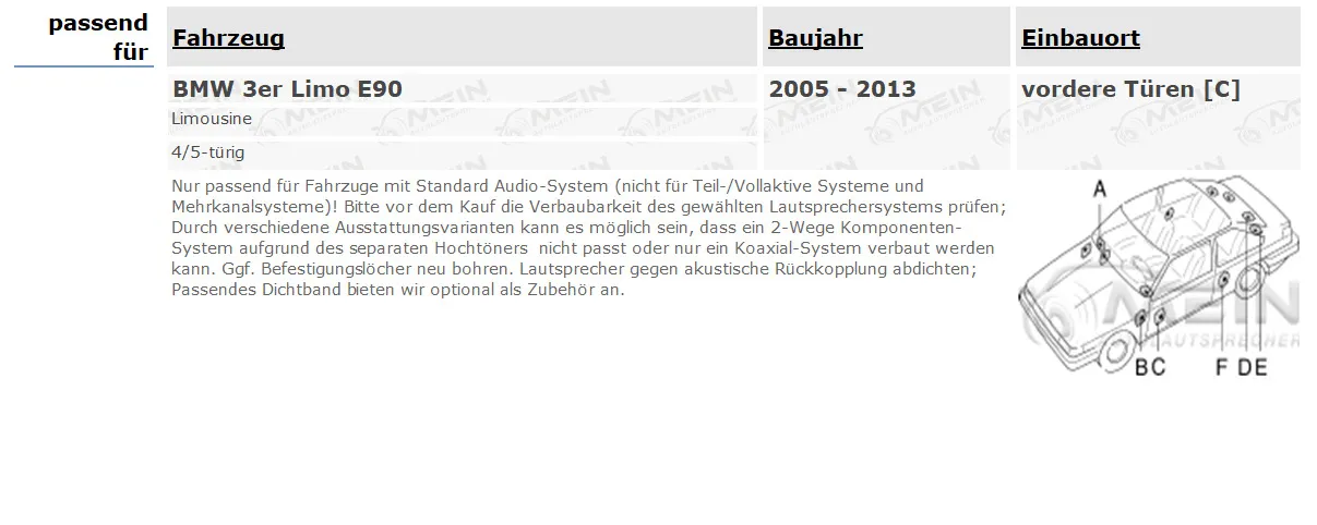 ALPINE LAUTSPRECHER für BMW 3ER Limo E90 2005-2013 Front Vorn 2-Wege 180W #AI3F